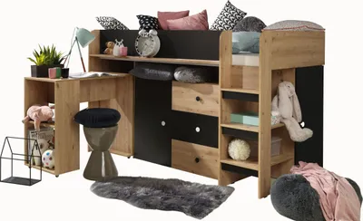 Produktbild von Etagenbett für Kinder SMART 1 Stockbett mit Treppe, Kleiderschrank und Schreibtisch (Artisan Eiche + Schwarz Matt)