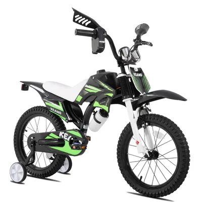 Produktbild von JOYSTAR 16 Zoll Kinderfahrrad im Motorradstil für 3-8 Jahren Jungen und Mädchen mit Stützrädern, Getränkehalter und Schutzblechen, Grün