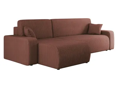 A brown sectional sofa with a chaise lounge is shown against a white background.