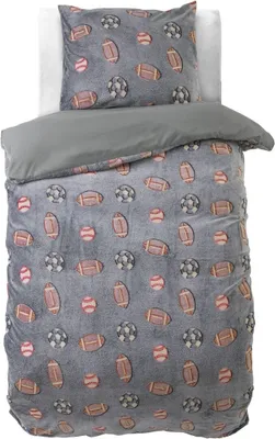 A bedding set with a pillow and duvet cover, both featuring a pattern of various sports balls on a gray background.