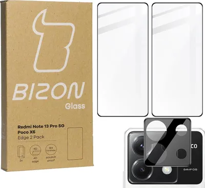 The image shows the packaging of a screen protector and camera lens protector for a Xiaomi Poco X6 / Redmi Note 13 Pro 5G. The packaging is on the left, and the protectors are shown on the right, with a close-up of a phone's camera module with a protector 