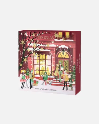 A festive Christmas-themed advent calendar box with illustrations of people and a storefront.