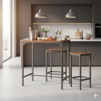 Zdjęcie produktu dla Stół barowy z kompletem stołków, styl industrialny, idealny do kuchni, restauracji