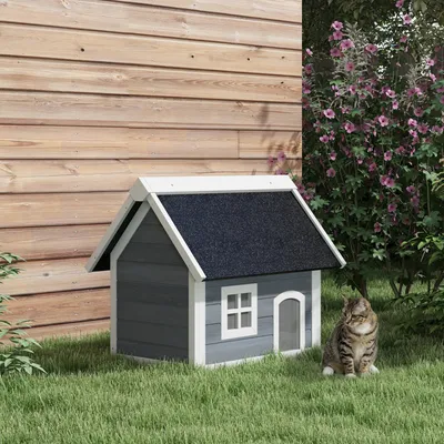 Produktbild von Outdoor Katzenhaus wetterfest, Katzenhütte Tannenholz, mit Fenster & Vorhänge, Grau | 77 x 57,5 x 68 cm | 3 Türen | Asphaltdach