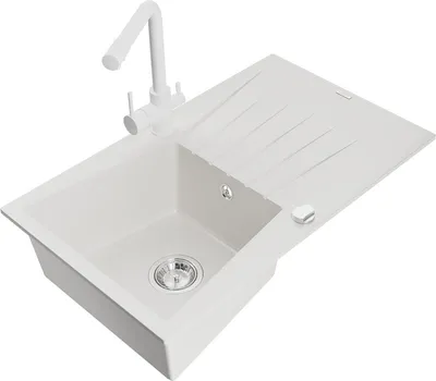 Produktbild von Mexen Cesar 1 Becken-Granitspüle mit Abtropffläche und Mischbatterie Duero, Weiß - 6514-20-671600-20