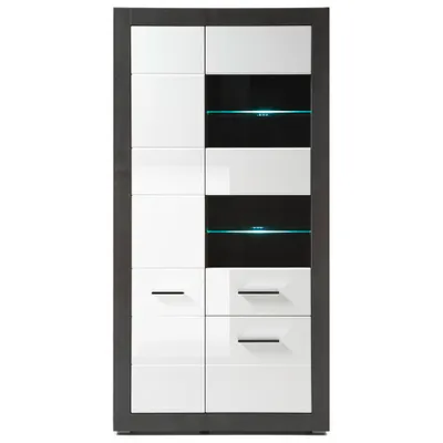 Produktbild von Vitrinenschrank in Hochglanz weiß mit Betonoptik dunkel ETON-61 mit LED B/H/T: 100/198/35cm
