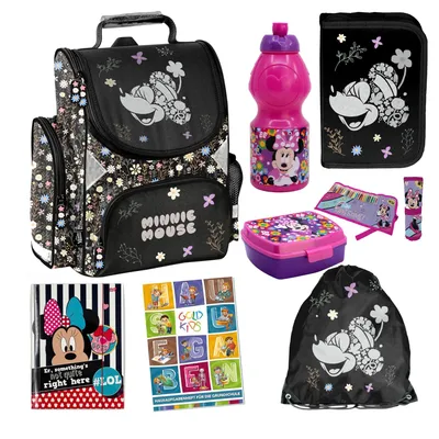 Produktbild von Schulranzen für Jungen und Mädchen, 8er-Set - Schul-Rucksack für Kinder mit Federmäppchen - Schuhbeutel Trinkflasche und Brotdose - Minnie Motiv