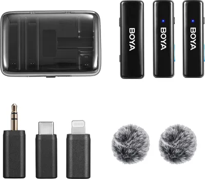 Produktbild von BOYA BOYALINK 2,4 GHz kabelloses Lavalier-Mikrofonsystem, ansteckbares Mikrofon, 100 m uebertragungsreichweite, Rauschunterdrueckung, automatische Synchronisierung mit Empfaenger + 2 Sender + Ladebox + 3 Adapter, kompatibel mit iPhone/Android-Smartphones, Tablets, Computern fuer YouTube/Interview/Vlog/Vedio/Live-Streaming