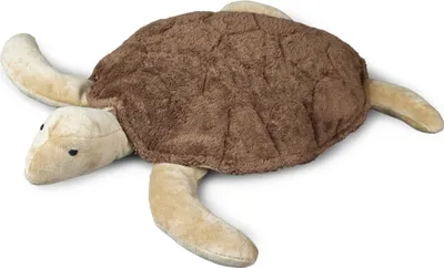 A plush toy turtle lying on a white background.