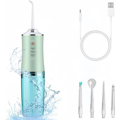 Produktbild von Munddusche Kabellos Wasserdicht, 3 Modi Elektrischer Mundduschen-Flosser mit 4 Düsenspitzen, Zahnreinigung für Zwischenräume, Zuhause&Reisen, Grün