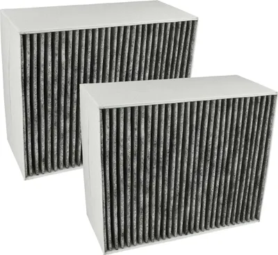Two rectangular air filters are arranged diagonally on a white background.