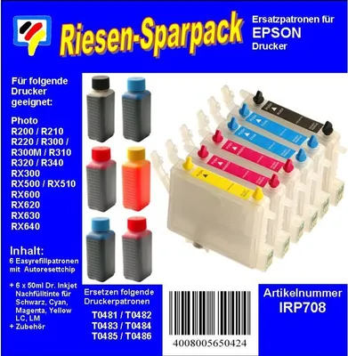 Produktbild von CISS / Easyrefill T0481-T0486 Multipack mit 6 Patronen und 300ml Dr.Inkjet Premium Nachfülltinte
