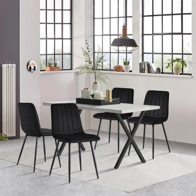 Obrázek produktu pro Jídelní set Essgruppe: jídelní stůl 140x80 cm se 4 židlemi. Obdélníkový kuchyňský stůl s dřevěnou deskou a kovovými nohami ve tvaru "X". Sada 4 sametových židlí, barva černá, šedá