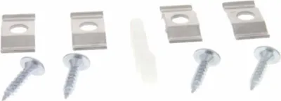 A set of mounting hardware for a sink basin, including clips and screws.