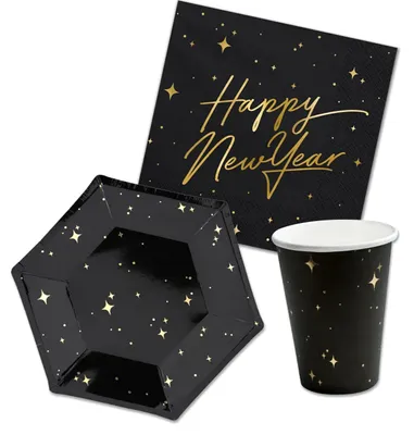 Neujahrs-Serviesset, 32-teilig, Papier, 6 Teller, 6 Becher, 20 Servietten