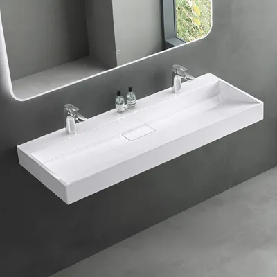 Produktbild von Mai&Mai Mineralguss Waschtisch, Rechteckig, Aufsatz-/Hängewaschtisch, 120x46x13cm (BxTxH), Weiß, inkl. Ablaufgarnitur, 2 Armaturenloch, Col19, DIN-Norm, pflegeleicht