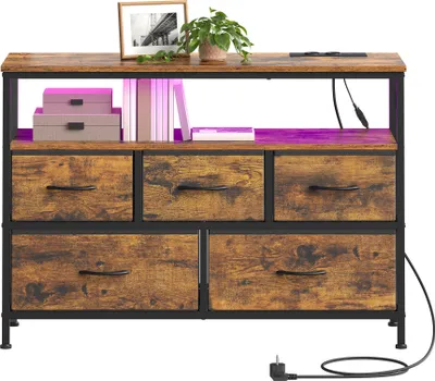 Produktbild von SONGMICS Kommode mit LED-Beleuchtung, Sideboard, Schubladenschrank für Wohnzimmer, mit Ladestation, 5 Schubladen, braun-schwarz