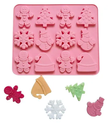 Produktbild von Silikon-Schokoladenform mit 12 Mulden für Weihnachten, Lebkuchen, Schneemann, Baum, Rosa