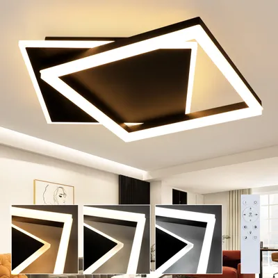A modern geometric LED ceiling light fixture with multiple inset images showing different light color temperatures and a remote control.