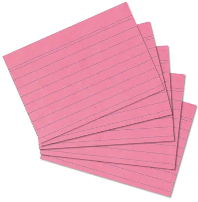 A stack of pink lined index cards.