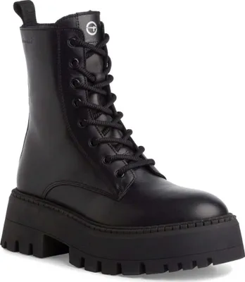A black lace-up boot with a thick sole is shown against a white background.