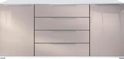 Produktbild von Vladon Sideboard Linio V2 – Moderne Kommode mit 2 Türen & 4 Schubladen, Weiß matt/Sandgrau Hochglanz, 166,5 x 72,5 x 35 cm (BxHxT) – Beistellschrank Anrichte Standschrank