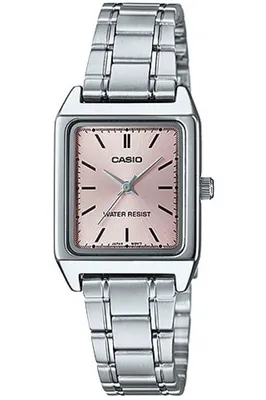 A studio shot of a silver Casio watch with a pink face.