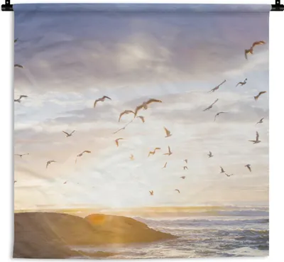 Produktbild von MuchoWow® Wandteppich Wandbehang Ruhiges Bild von Vögeln bei Sonnenuntergang 120x120 cm Tapisserie Dekoration Wandtuch - Modern - Baumwollgewebe