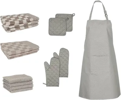 Produktbild von 15-teiliges Handtuch-Set für die Küche mit Ofenhandschuhen und Topflappen aus grauer Baumwolle