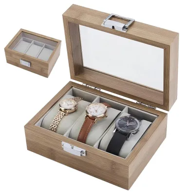 Produktbild von Uhrenbox mit 3 Fächern, Holz, zur Präsentation – Uhrenhalter – Organizer – Vintage-Stil – Fenster aus transparentem Glas – Samtkissen – Uhrenhalter