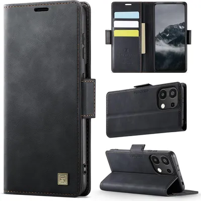 Image de Étui en cuir pour Xiaomi Redmi Note 13 4G, protection RFID, fermeture magnétique, fentes pour cartes et support Noir