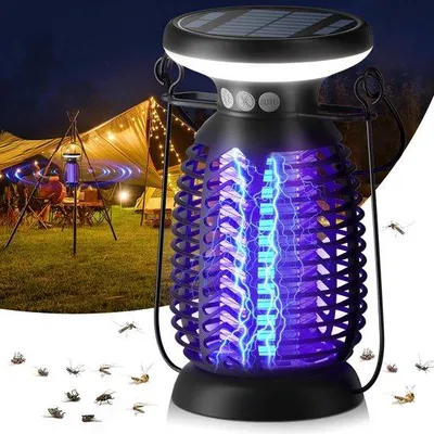 Immagine prodotto di Unyqoos® - Distruttore di insetti elettrico – Lampada UV da 3W per zanzare e trappola per mosche, 2200V, grado di protezione IPX4 (nero), batteria da 4000 mAh, alimentazione solare + USB-C, 3 modalità, copertura fino a 2100 m²