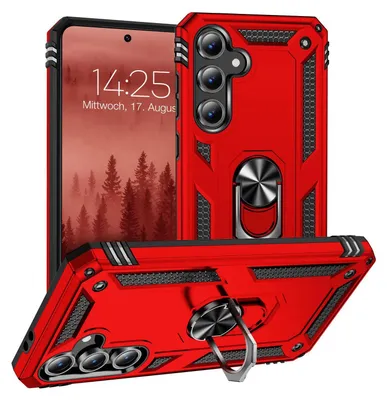 A red phone case with a ring holder is displayed from multiple angles.