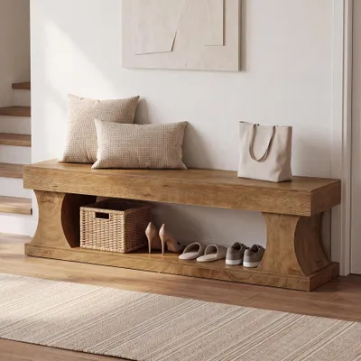 Produktbild von Schuhbank, 160 cm lange Landhaus-Eingangsbank mit Ablagefach, rustikale Sitzbänke, Holzbank am Fußende des Bettes, für Flur, Wohnzimmer