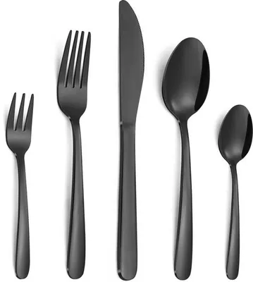 Image de Ensemble de couverts Ibenzoa® noir, 60 pièces pour 12 personnes – en acier inoxydable, compatible lave-vaisselle ; comprenant 12 couteaux, 12 fourchettes, 12 cuillères à soupe et 12 cuillères à café, ainsi que 12 fourchettes à dessert