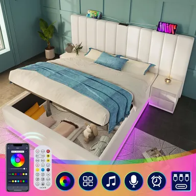 Produktbild von Stauraum Polsterbett 160×200 cm Weiß , mit App gesteuerter LED und USB-C Ladefunktion, Bettgestell mit Lattenrost, ohne Matratze & Nachttisch
