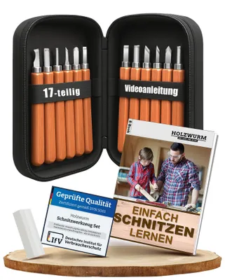 Produktbild von HOLZWURM Holz-Schnitzwerkzeug Set - 17 teilig, inkl. Anleitung für ein Schnitzprojekt & E-Book für Einsteiger, Tasche & Abziehstein, ideales Schnitzmesser-Set für Anfänger und Profis