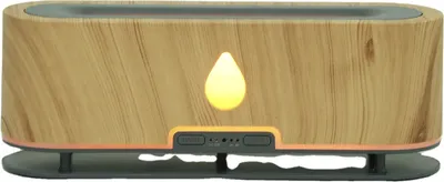 A front view of a BOT Aroma Diffusor RDF2 DO 200 ml in a light brown wood grain finish, with a flame-shaped light in the center.