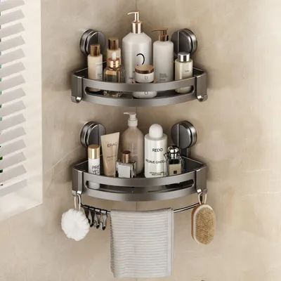 Image de Étagère de douche sans perçage - Étagère d'angle pour salle de bain et cuisine (lot de 2, gris)