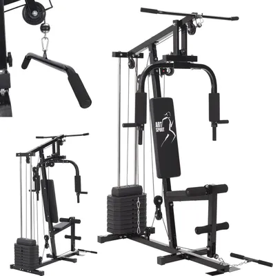 A black multi-station home gym with weights and attachments.