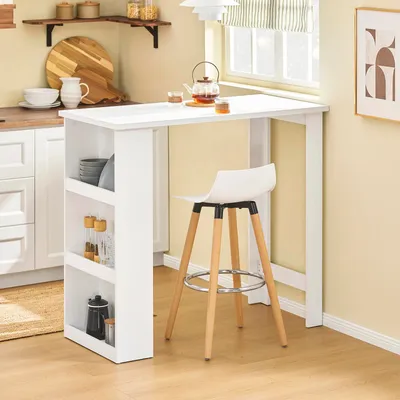 Zdjęcie produktu dla Stolik barowy FWT17-II – wysoki blat kuchenny – 3 półki – metalowa rama – 112×106×57 cm – biały