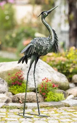 Produktbild von Dekofigur "Reiher" aus Metall, 90 cm hoch, schwarz grün gold, Fischreiher, Vogelschreck, Gartendeko für Draußen