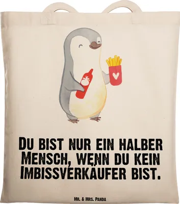 Produktbild von Mr. & Mrs. Panda Shopping Tasche Imbissverkäufer Herz - Transparent - Geschenk, Lustig, Einkaufstasche, Schultasche, Tote Bag, Pommesverkäufer, Jutebeutel, Spruch, Witzig