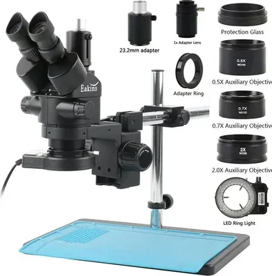 Image de Microscope stéréoscopique, grossissement du zoom de 7X à 45X, conception trinoculaire, kit complet G, microscope noir