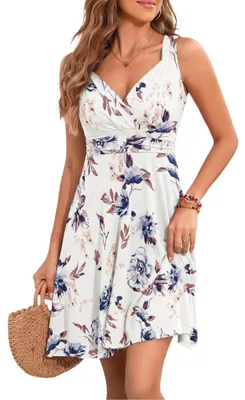 Image de Robe d'été - Décolleté en V et motif floral - Blanche