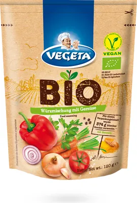 A pouch of Vegeta BIO seasoning with vegetables, featuring a chef illustration and various vegetables.