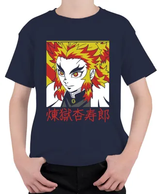 Zdjęcie produktu dla Koszulka dziecięca uni Rengoku Kyojuro Kimetsu no Yaiba Anime Flame Hair Gift, granatowy, 104