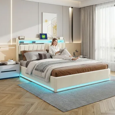 Zdjęcie produktu dla Łóżko Moonbite z pojemnikiem na pościel, 140x200 cm, obita welurem, z półką – LED, ładowarka USB, podwójny pojemnik, stelaż