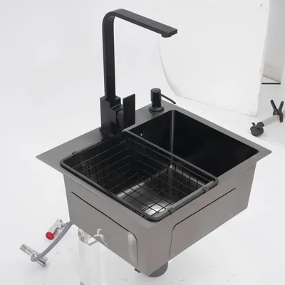 Obrázek produktu pro Dřez do kuchyně z nerezové oceli 201 - jednodřez - s nanotechnologickou úpravou - podřezávací dřez - s kuchyňskou baterií - s jedním otvorem - černý