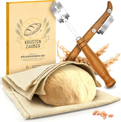 Produktbild von KRUSTENZAUBER Bäckerleinen und Bäckermesser Set - 2x Leinentuch 75x45cm + 2x Teigmesser - Brot Backen Zubehör, Teigschneider, Brotmesser, Gärfolie, Teigtuch, Sauerteig Starter , Brotklinge